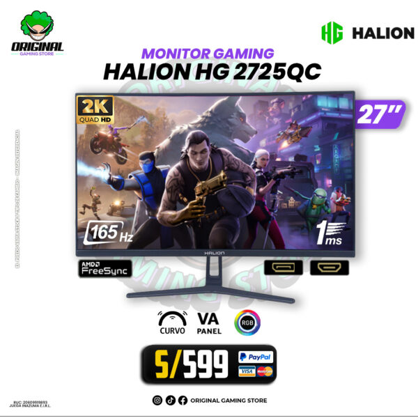 MONITOR GAMING HALION HG 2725QC, 27" CURVO VA, 2K QHD, 165Hz, 1ms, FreeSync