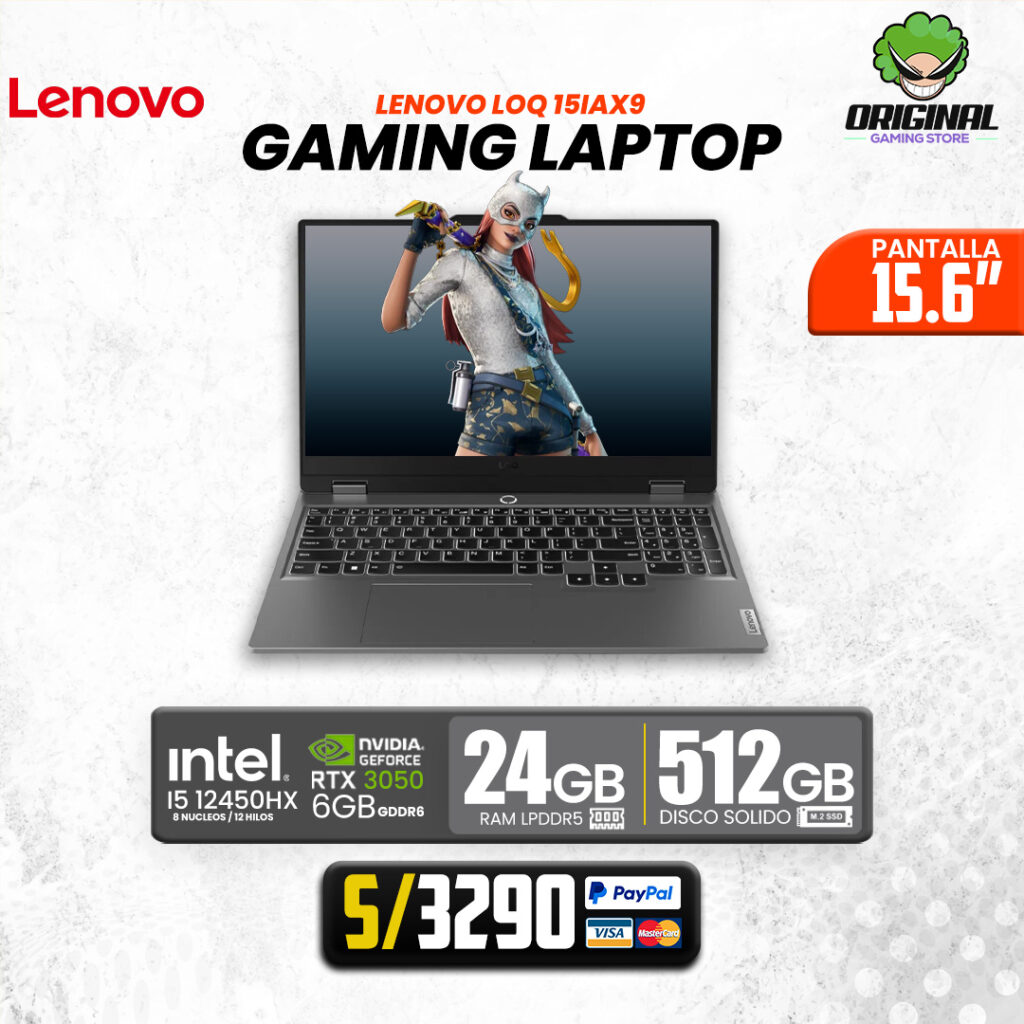 LAPTOP LENOVO LOQ 15IAX9. Ci5-12450HX, 24GB DDR5, SSD 512GB, RTX 3050, 15.6" FHD