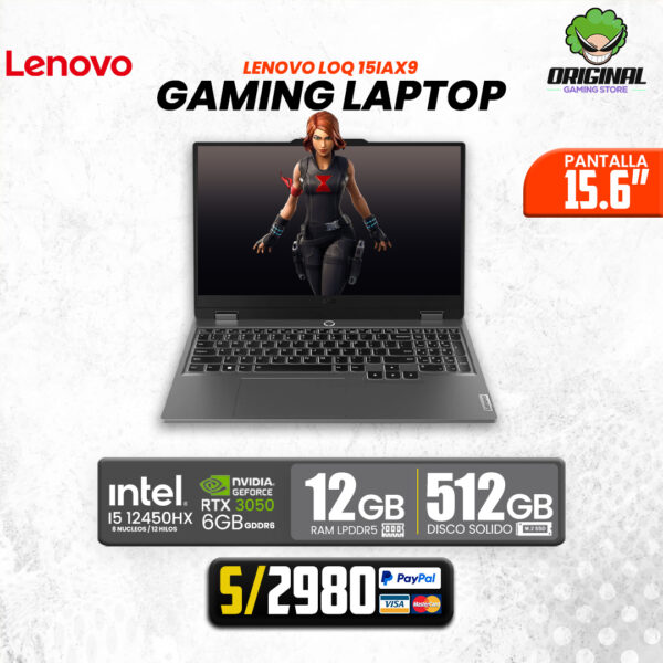 LAPTOP LENOVO LOQ 15IAX9. Ci5-12450HX, 12GB DDR5, SSD 512GB, RTX 3050, 15.6" FHD