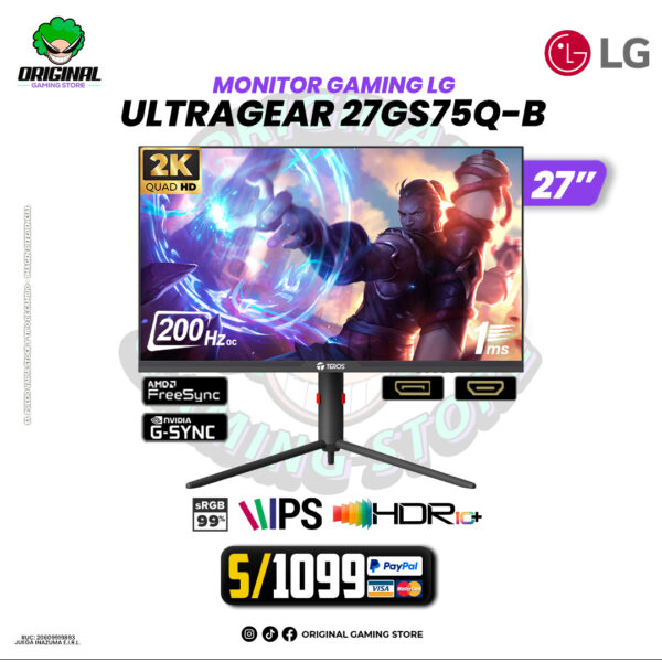MONITOR GAMING LG ULTRAGEAR 27GS75Q-B, 27" IPS, QHD, 180HZ, OC 200Hz, 1ms, G-Sync