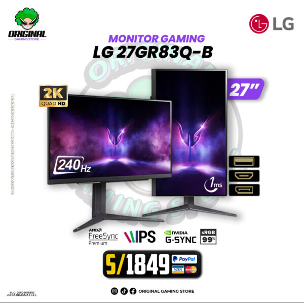 MONITOR GAMING LG 27GR83Q-B, 27" UltraGear, IPS, 2K QHD, 240Hz, 1ms, G-Sync, FreeSync