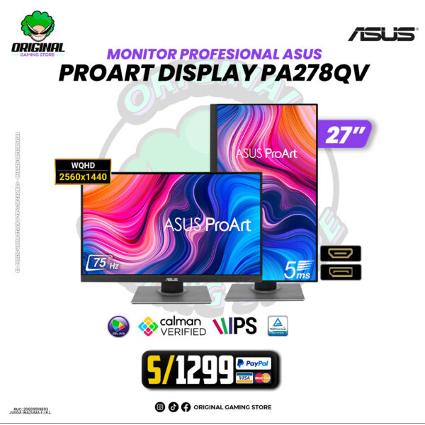 MONITOR PROFESIONAL ASUS ProArt Display PA278QV, 27" IPS, WQHD, 100% sRGB, 75Hz, 5ms