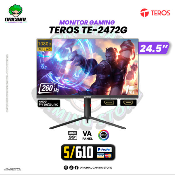 MONITOR GAMING TEROS TE-2472G, 24.5" VA, FHD, 260Hz, 1ms.